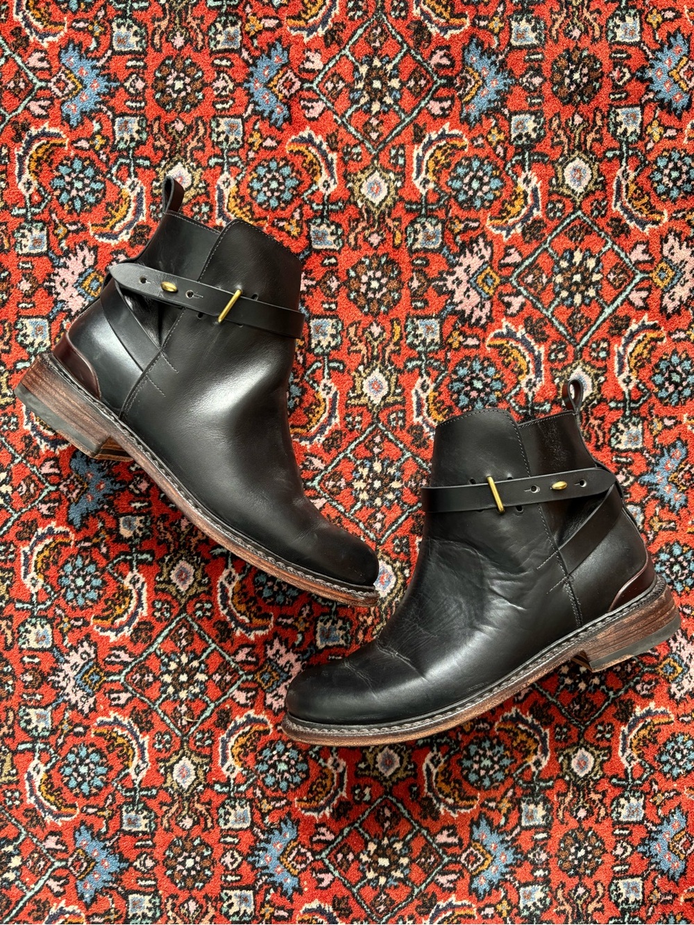 rag & bone Black Leather Driscoll Boots Gold Hardware Ankle Strap Chunky 39
